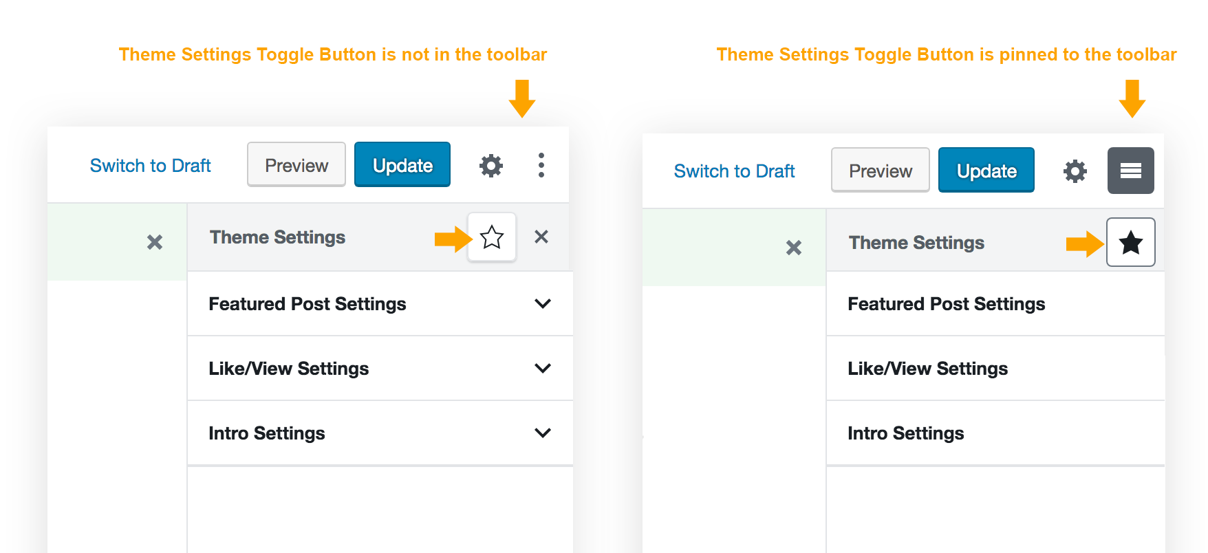 Theme Settings toggle button - Pin to Toolbar
