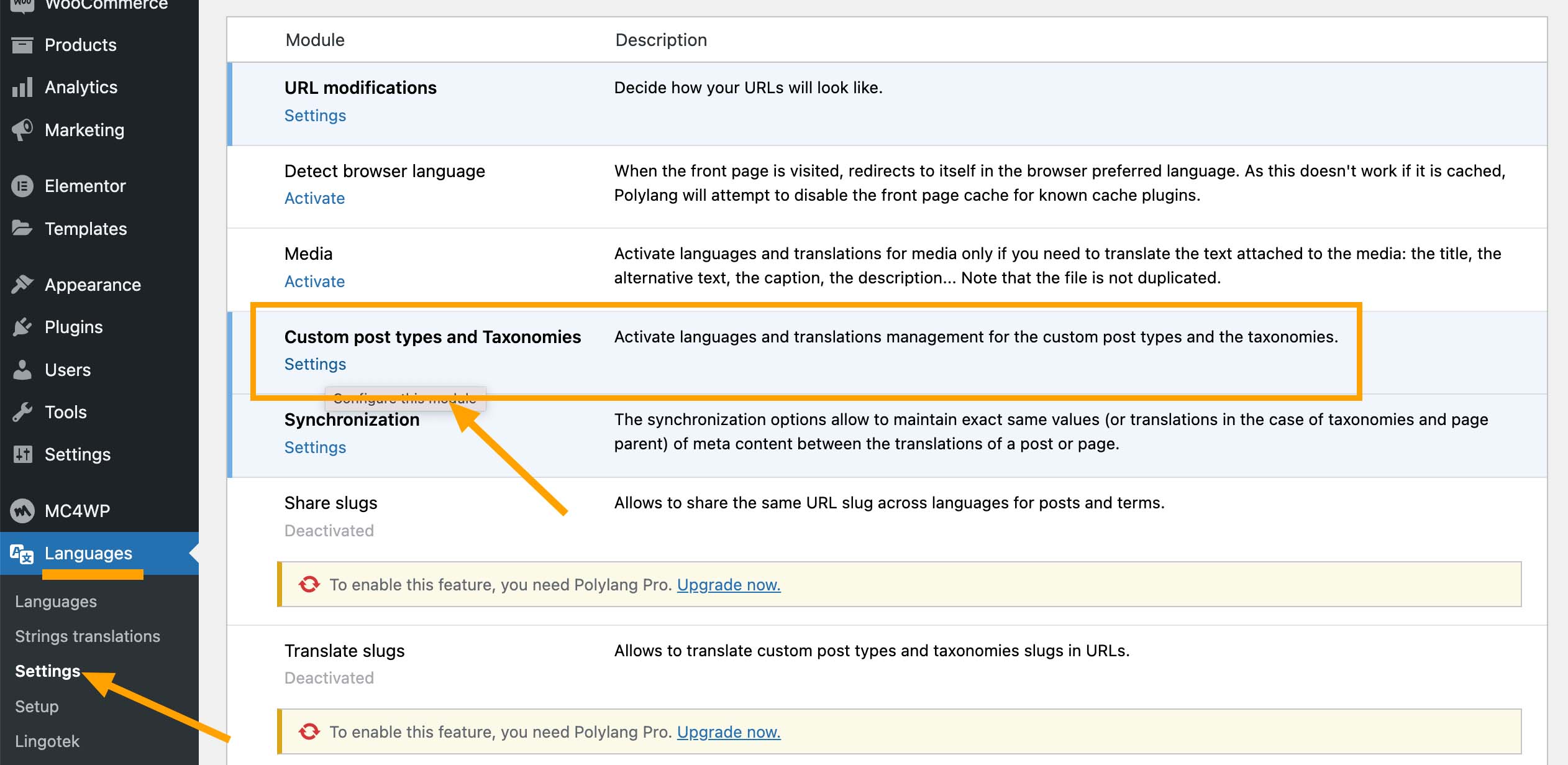 Activate languages and translations for custom post types.
