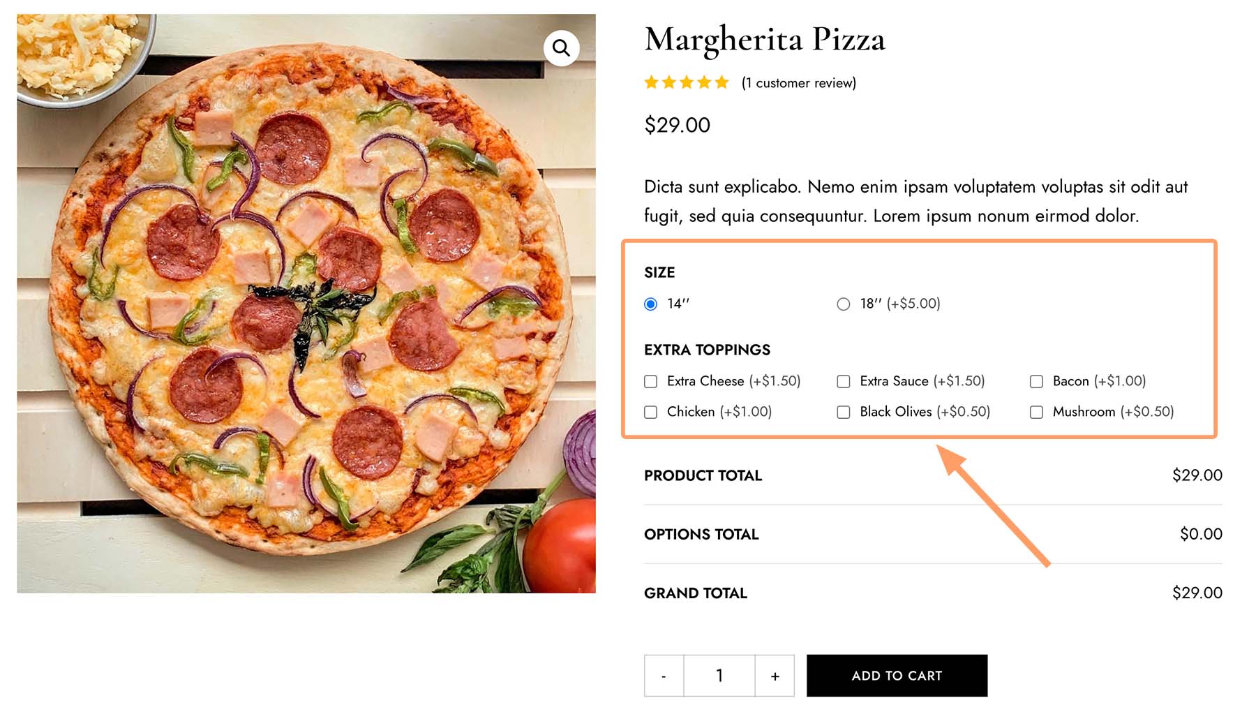 Product with extra fields, such as pizza size, topping, etc.