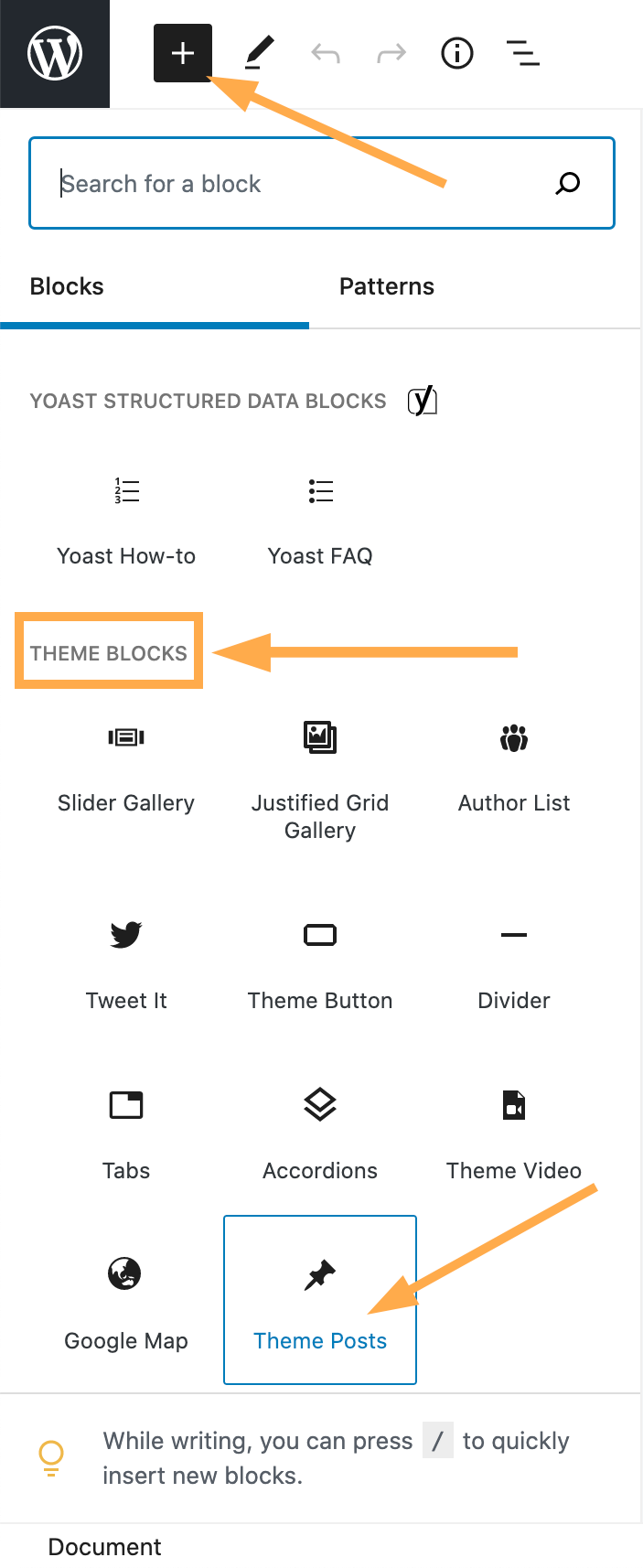 Find Theme Blocks in Gutenberg editor