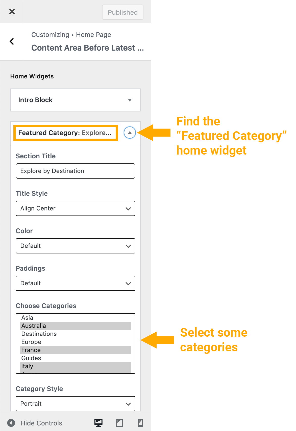 Home Widget - Featured Categories Settings
