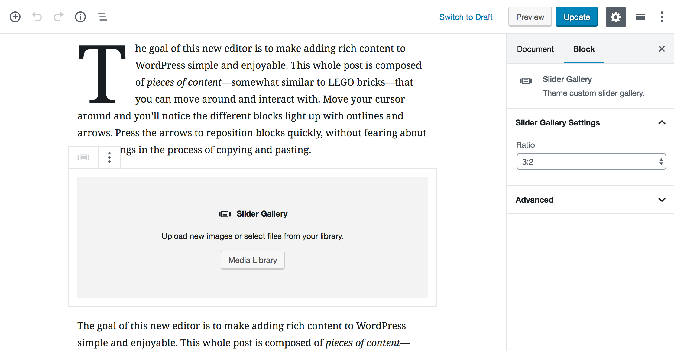 Slider Gallery Block is added in Gutenberg Editor