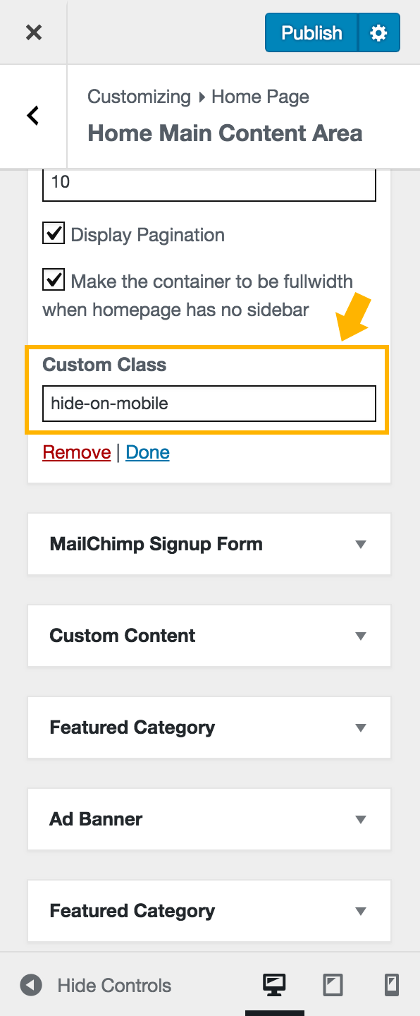 Add custom class name to hide a Home Widget